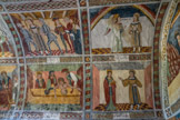 <center>Chapelle saint Sébastien à Roubion. </center>En haut, à gauche, Sébastien et l'ange. A droite, Dioclétien mis au courant, fait arrêter Sébastien. En bas, Sébastien apparaît en songe à une Dame de Rome nommée Lucine, lui révélant ainsi où était son corps afin qu’elle l’ensevelisse près des catacombes où reposaient les restes des souverains pontifes. Les chrétiens retrouvent le corps et le tirent des égouts.