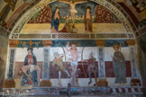 <center>Chapelle saint Sébastien à Roubion. </center> Au-dessus de l'autel, Saint Sébastien au centre, une Piéta à gauche, et un abbé à droite. Les trois panneaux sont surmontés par la crucifixion du Christ. Dans la mythologie grecque la peste est représentée par des flèches tirées par le dieu Apollon, si bien que par analogie à son supplice, la sagittation, dont il réchappa, Saint Sébastien deviendra le saint thaumaturge imploré pour se protéger des épidémies de peste très fréquentes au Moyen Age.