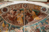 Auron. Chapelle Saint Erige dite d'Ariez <br> Saint Paul, revêtu d’un manteau jaune ocre, prêche Denis, habillé comme les magistrats. Encore incrédule, Denis guérit un petit aveugle agenouillé.