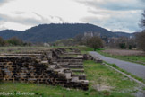 <center>Le site archéologique d'Alba</center>L'entrée dans le site se fait par le cardo maximus, bien visible mais presque dépourvu de ses dalles, celles-ci ayant été récupérées au Moyen-Âge. Le long du cardo, on a identifié 22 boutiques de commerçants et artisans ouvrant sur un trottoir couvert. Trois mille objets y ont été dégagés