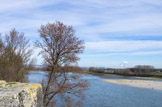 <center>Le confluent du Rhône et de l'Ardèche.</center> Le Rhône, avec à gauche, entre les arbres, l'Ardèche.