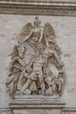 <center>Arc de Triomphe. </center> Face Nord. La Résistance de 1814 par Antoine Étex. La Résistance de Antoine Étex évoque l’année 1814 et appelle à résister aux envahisseurs russes et autrichiens qui sont entrés dans la capitale. Un guerrier, le glaive à la main, retenu par son père et sa femme, semble prêt à se battre. Un cavalier au second plan évoque le sacrifice pendant que le génie de l’avenir appelle à la résistance.