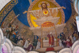 <center>Basilique du Sacré-Cœur. </center> A droite, Mgr Fabre présente la maquette de l'église ; à gauche, Mgr de Mazenod tient le plan du terrain où a été bâtie l'église précédente Saint-Adrien -Saint-Hermès.