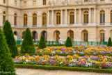 <center>Les jardins de Versailles.</center> Le parterre du midi ou jardin des Fleurs. L’accès central du parterre, auquel on descend par quelques marches, est encadré de deux statues de sphinx chevauchés par des Amours de bronze (transportés ici en 1685, après avoir flanqué le haut du grand degré du parterre de Latone depuis 1670). Au fond, le bâtiment de l'aile du midi.