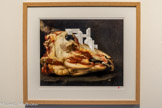 <center>Habiter le temps : natures mortes, stases et naufrages</center>Habiter la Peinture, 1992 - 2026
Collage (reproduction de Nature morte à tête de mouton - F. Goya, 1808), graphite et encre sur papier. 13,5 x 18,5 cm
