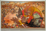 <center></center>1931 (5295 - Tome 4) David et Goliath Huile sur toile 78 x 130 Collection particulière. <br> Peintre discret mais reconnu, Dubout réalise 77 huiles sur toile, exposées en France (Centre Pompidou, BnF) et à l'étranger (Japon, Allemagne, Canada...). Il refusa de les exposer de son vivant, même au Louvre, par souci de préserver sa créativité. Sa peinture explore d'autres thématiques mais conserve un ancrage méridional, notamment dans les scènes d'arènes ou de fêtes votives. Le tableau David et Goliath, créé lors d'une période de dépression, exprime le désir de revanche des faibles sur les puissants.