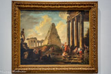 <center>Alexandre le Grand devant le tombeau d’Achille.</center>Hubert Robert (France, 1733-1606) 3e quart du 18e siècle. Huile sur toile.
La peinture de ruines est très à la mode au 18e siècle, et Hubert Robert est l’un de ses principaux représentants. Alexandre le Grand est ici peint devant le tombeau d’Achille à Troie, au milieu de ruines inspirées de celles de Rome. Comme Alexandre, les spectateurs sont invités à méditer sur l’histoire, mais aussi sur la fugacité de la vie humaine et de la gloire. Classique.
A partir de la Renaissance, une architecture ou une sculpture sont dites « classiques » quand elles utilisent les formes et les sujets de l’Antiquité, comme des temples à colonnes et des personnages de la mythologie.
Ce tableau d’Hubert Robert est une peinture classique : longtemps après l’Antiquité, il représente des personnages habillés à la façon des Grecs ou des Romains dans un paysage de ruines.