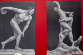 <center></center>Culturistes adoptant les poses du Discobole, d’Hercule et Antée et de l'Apoxyomène
Entre 1904 et 1907, France Reproductions.
Mucem, Marseille
Durant l’Antiquité, la nudité des statues vise à révéler une beauté idéale. Repris par les artistes à la Renaissance, ce principe se diffuse dans la culture populaire. À la fin du 19e siècle, les premiers culturistes, sportifs exposant leur musculature dans des poses codifiées, reprennent les modèles de la sculpture gréco-romaine, tels que le Discobole ou l'Apoxyomène.