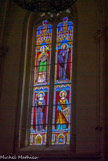 <center>Abbaye de Saint-Martin de Ligugé.</center> Vitraux du choeur. Sainte Scolastique est la sœur  de  saint Benoît morte en  543, sainte Cécile  avec son  attribut, un orgue portatif, Saint Fulbert, évêque  de  Chartres, ami  du duc d'Aqu-taine Guillaume le Grand qui l'a nommé trésorier du chapitre de Saint-Hilaire-le-Grand de Poitiers, Saint Bernard de Tiron, mort en  1117,  a  été  moine  de  Saint-Cyprien de Poitiers.