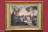 <center>Frontispice pour Souvenirs de la Sicile</center>Auguste de Forbin. La Roque d'Anthéron, 1777 - Paris, 1841
Aquarelle, plume et encre brune sur papier, 1823.
De retour de Sicile, le comte de Forbin rédige un récit publié en 1823 sous le titre Souvenirs de la Sicile. Si les voyageurs du Grand Tour se rendent rarement en Sicile, elle devient, au début du XIXe siècle, une destination de plus en plus prisée par la bonne société européenne et une étape prisée du voyage en Orient. Forbin décide d'illustrer le frontispice de son récit par une vue du théâtre de Taormina, figurant les ruines du portique qui ornait la scène du théâtre avec, dans le lointain, l'Etna. Les personnages du premier plan évoquent une représentation à laquelle Forbin assista le soir de sa visite, ajoutant une touche de pittoresque à la scène.