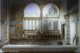 <center>Le diwan</center>Reproduction de Pascal Coste. Il existe une profusion de textes, de gravures et de tableaux sur l'expédition d'Egypte côté français, mais les Égyptiens laissent aussi de précieux témoignages de leur vision de l'événement. Le cheikh El-Gabarti, dans son journal, parle de l'arrivée des Français comme d'un malheur et d'une rupture dans « le cours des choses ». Il en retient la violence qui provoqua la révolte du Caire, puis l'assassinat du général Kléber. Toutefois, Gabarti est sensible aux apports scientifiques des Français et à leurs projets de modernisation du pays. Il participe au diwan, conseil de notables créé par Bonaparte, aux côtés d'Al-Sharqâwi et de Khalil al-Bakri. Youssef Chahine, dans son film 