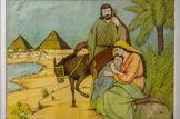 <center>Image populaire représentant le repos pendant la Fuite en Egypte</center>Syrie, Alger, Algérie ou Le Caire, Egypte (fabrication). Début du XXe siècle. Papier, encre
Musée du quai Branly, Paris