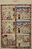 <center>Agrandissement des miniatures des cantiques 46, 165, 169 et 187 des Cantigas de Santa Maria</center>Cantiga 165, fol 22.2.r. Baybars respecte l'image de la Vierge.